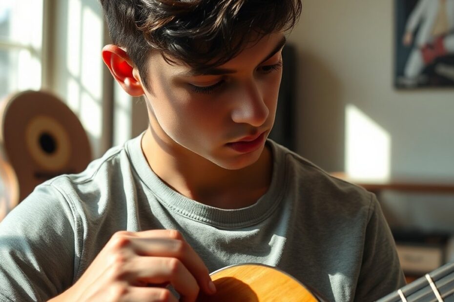 jovem inspecionando o braço de uma guitarra