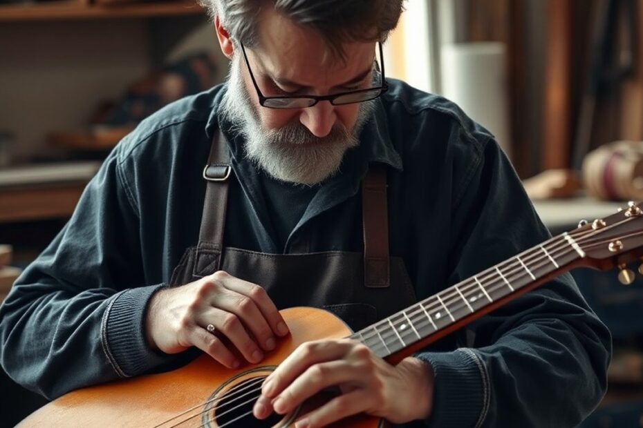 luthier ajustando a alma de uma guitarra em oficina