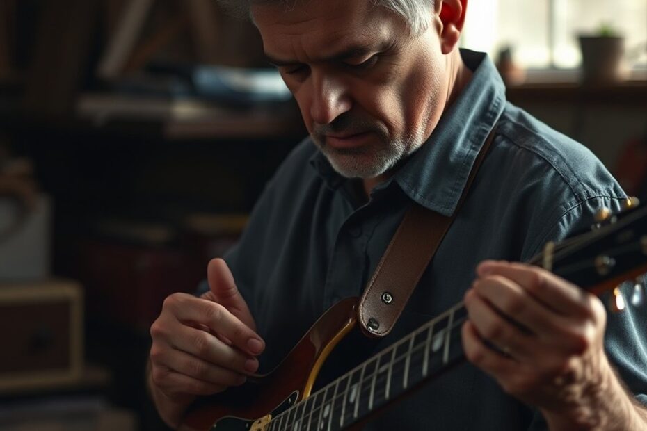 homem examinando os captadores da guitarra em um ateliê