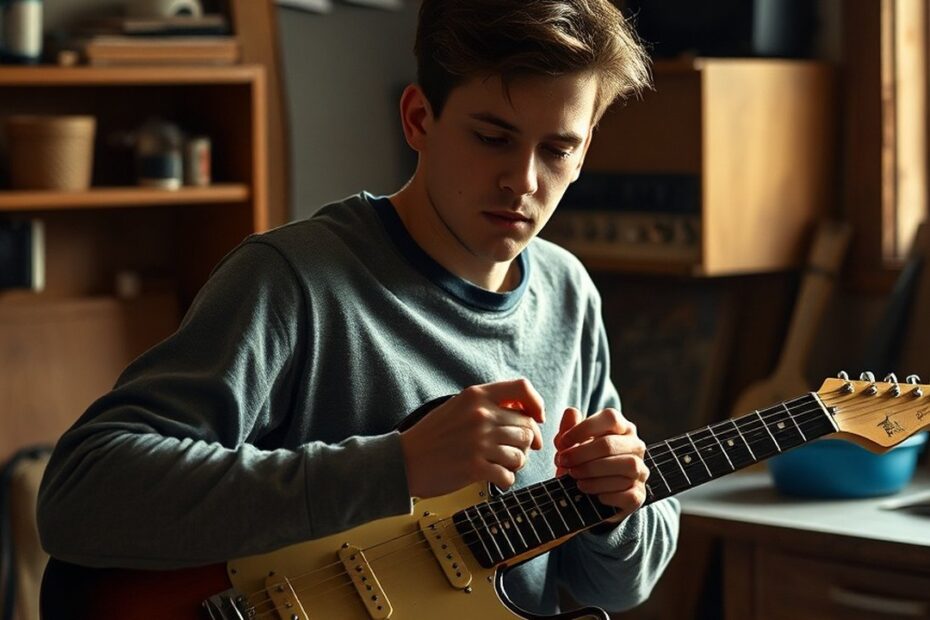 Homem ajustando a guitarra em uma bancada de trabalho.