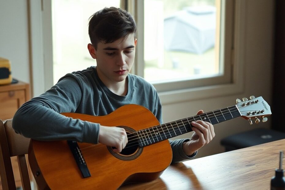 jovem ajustando a altura das cordas da guitarra