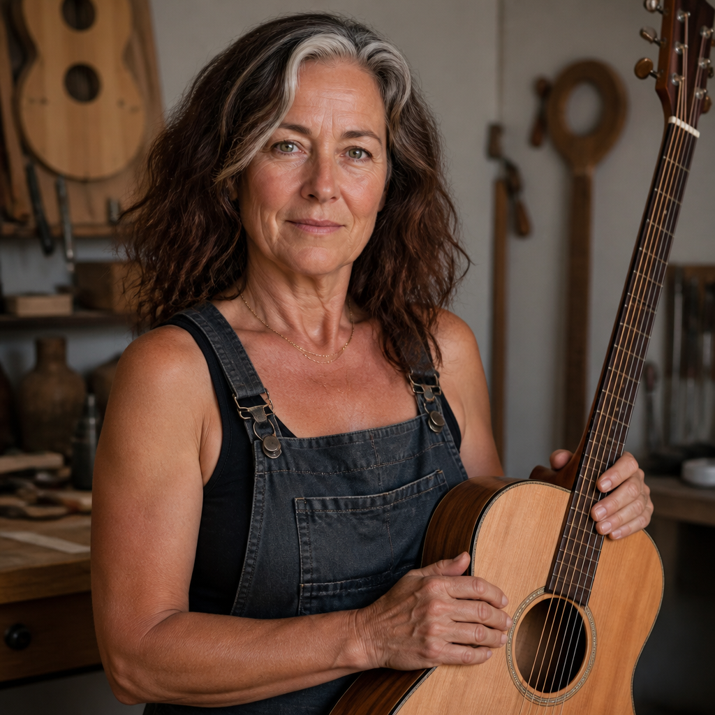 Olivia Canela, una luthier profesional especializada en guitarras. Tiene una amplia experiencia práctica en la construcción, ajuste y análisis estructural de instrumentos musicales.  La mujer de la imagen parece tener entre 50 y 60 años, con un rostro maduro y sereno. Sus ojos verde claro, enmarcados por líneas de expresión, transmiten confianza y miran directamente a la cámara. Su cabello castaño ondulado hasta los hombros presenta un distintivo mechón frontal de canas blancas y grises, añadiendo un aire de experiencia y autenticidad a su aspecto. Con un físico robusto y brazos tonificados que muestran fuerza, sostiene la guitarra con firmeza, revelando unas manos trabajadoras con uñas cortas y una piel ligeramente marcada por el trabajo. Lleva un overol de mezclilla oscuro y desgastado sobre una camiseta sin mangas negra, complementado con un collar de oro fino y discreto; una combinación práctica y característica que se integra a la perfección con el entorno auténtico y artesanal de su taller.