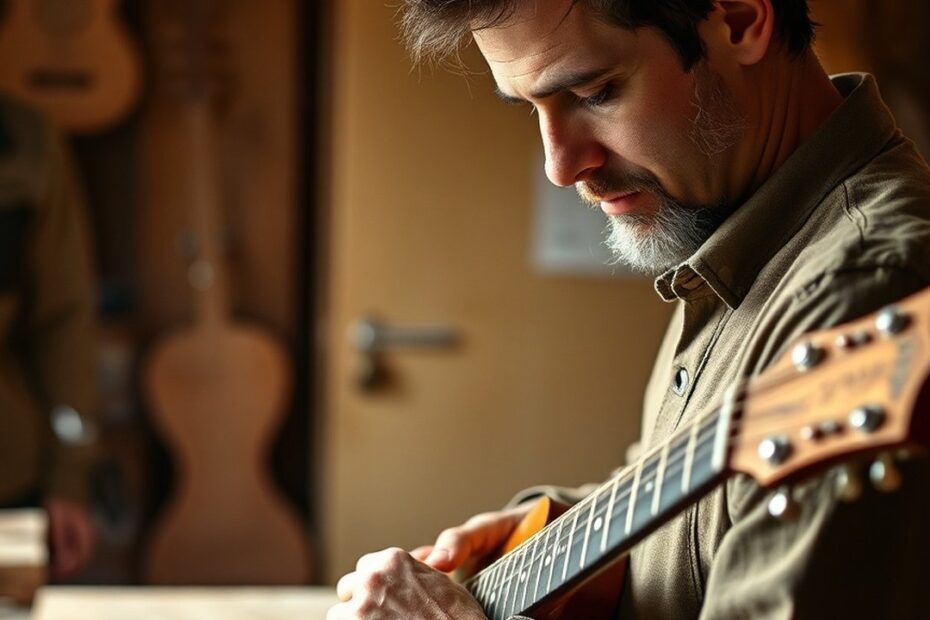 um luthier examinando madeira de guitarra na oficina